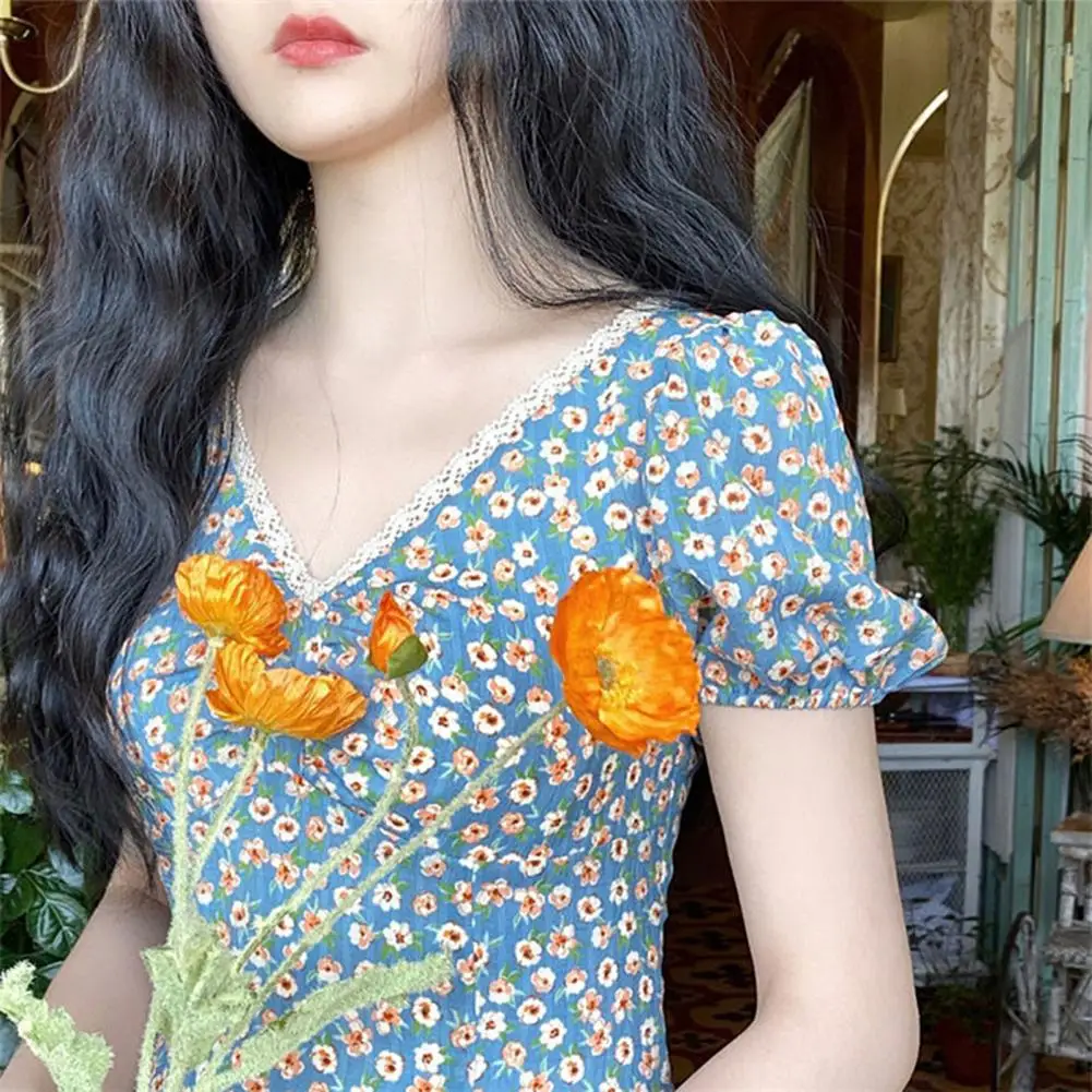 

Dress Puff Sleeves Long Women Floral Print A Line Skirt for Dating