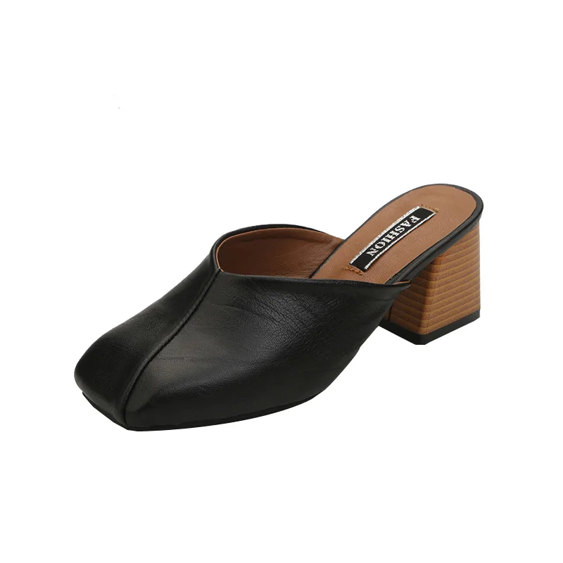 

Summer New Muller Shoes Fashion Square Head Elegant Retro Solid Color Simple High-Heeled Ladies Baotou Half Slippers.