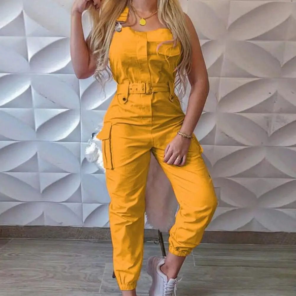 

Cargo Jumpsuit Ankle Tied Shoulder Strap Women Sleeveless High Waist Pockets Romper for Working