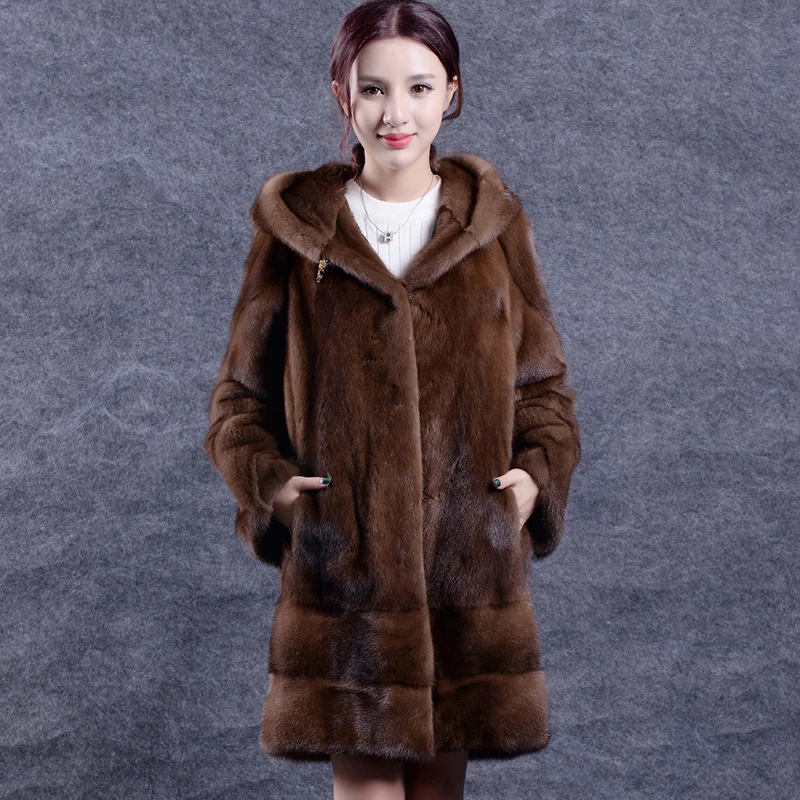 2019 inverno nova todo vison casaco de pele das mulheres longa sechau moda simples com capuz quente grosso v | Женская одежда