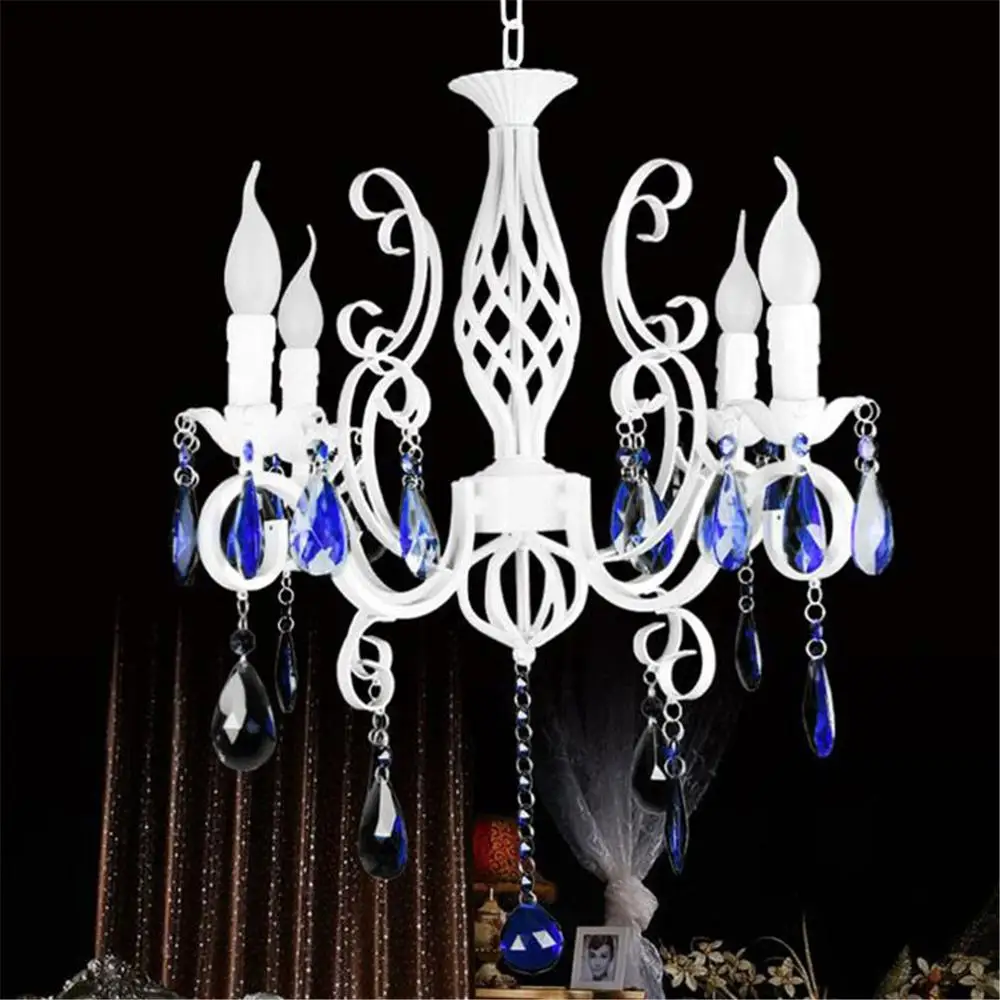 

Retro Rustic Wrought Iron Chandelier E14*4pcs LED Candle Light Pure White Vintage Antique Blue Crystal haning Lamp For Home