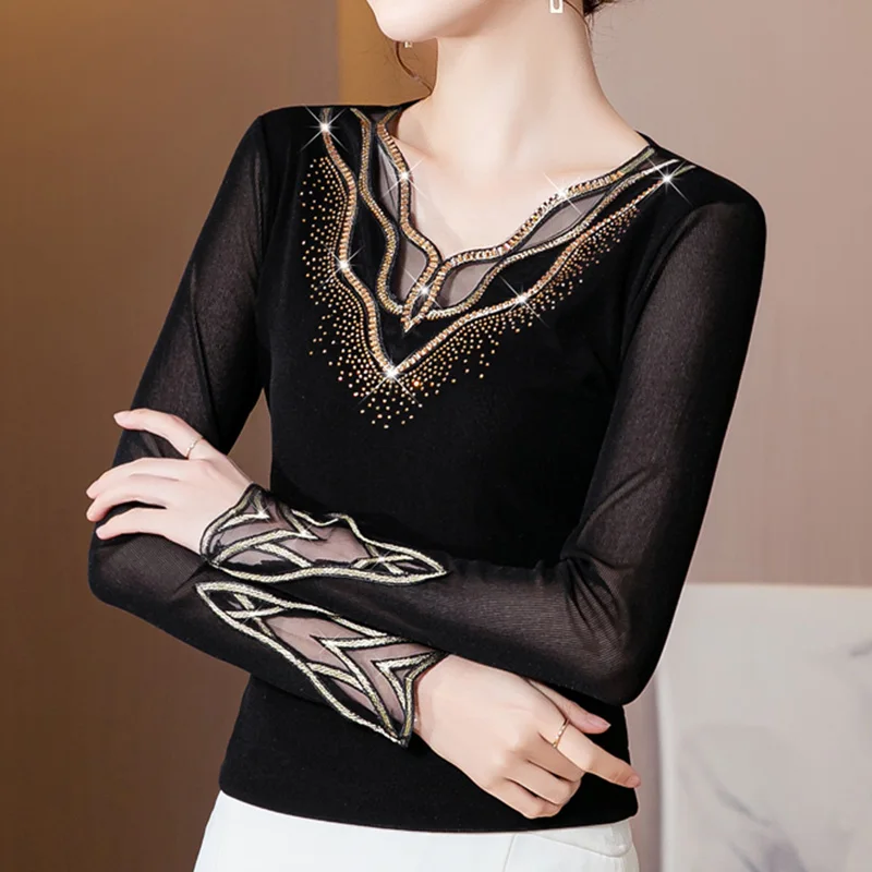 

Женская футболка с V-образным вырезом, черная сетчатая футболка с бриллиантами, большие размеры, Осень-зима 2021