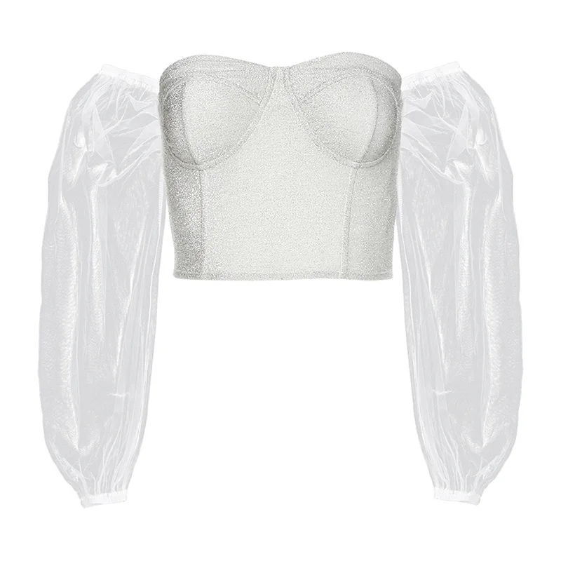 

2021 Women Club Party Night Off Shoulder Tee Shirt Romantic Elegance Mesh Crop Tops Summer Ladies Leisure Vacation Tees Sexy New