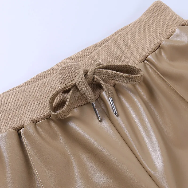 

Viifaa Drawstring Waist PU Leather Brown Slim Pants Streetwear Fashion Women 2021 Spring Clothes Female Solid Trousers