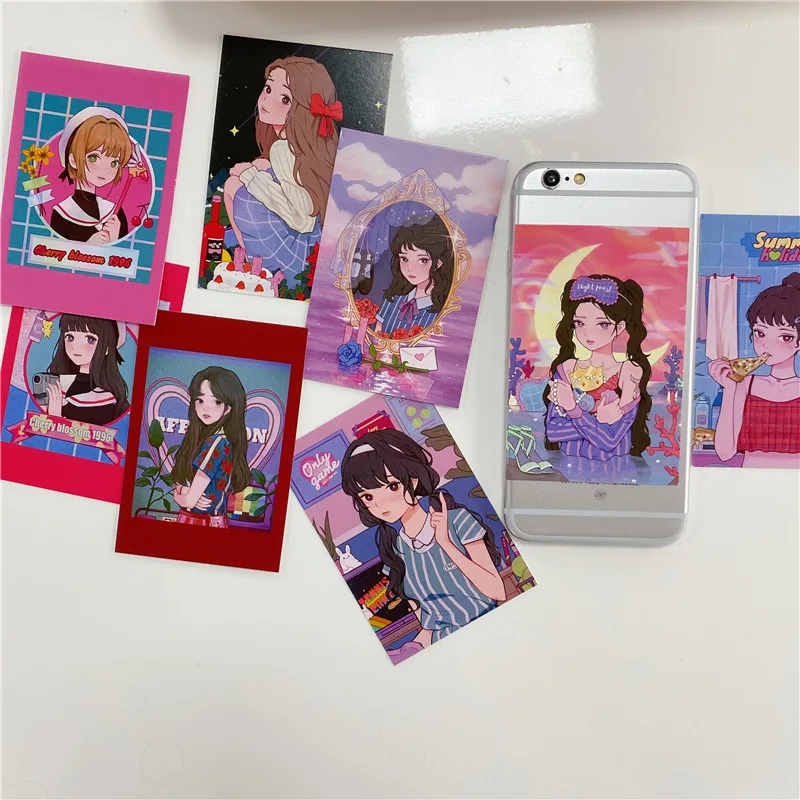 

9 Sheets Japanese Harajuku comic Girl Card Retro Illustration Postcard Mobile Phone Decorative Sticker Photo Props Stationery