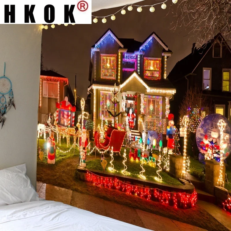 

HKOK Christmas House Tapestry Wall Rugs Wall Hanging Fabric Mural Background Cloth Towel Beach Fabric Blanket Living Home Decor