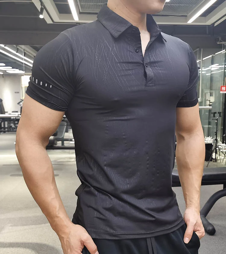 

Running Gym Men T Shirt Casual short Sleeve Slim compression Tees elastic T-shirt Sports Fitness Quick dry Polo grain T Shirt