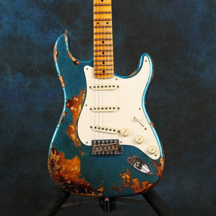 Новая синяя электрическая гитара с отверстиями, кленовый гриф, гитара ручной работы, ra реликс руками, тело Альдера