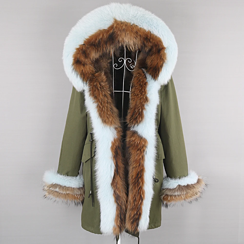 Women Winter Real Fur Coat Natural Fur Jacket Large Raccoon Fur Collar Hooded Thick Warm Streetwear Detachable Long Parka