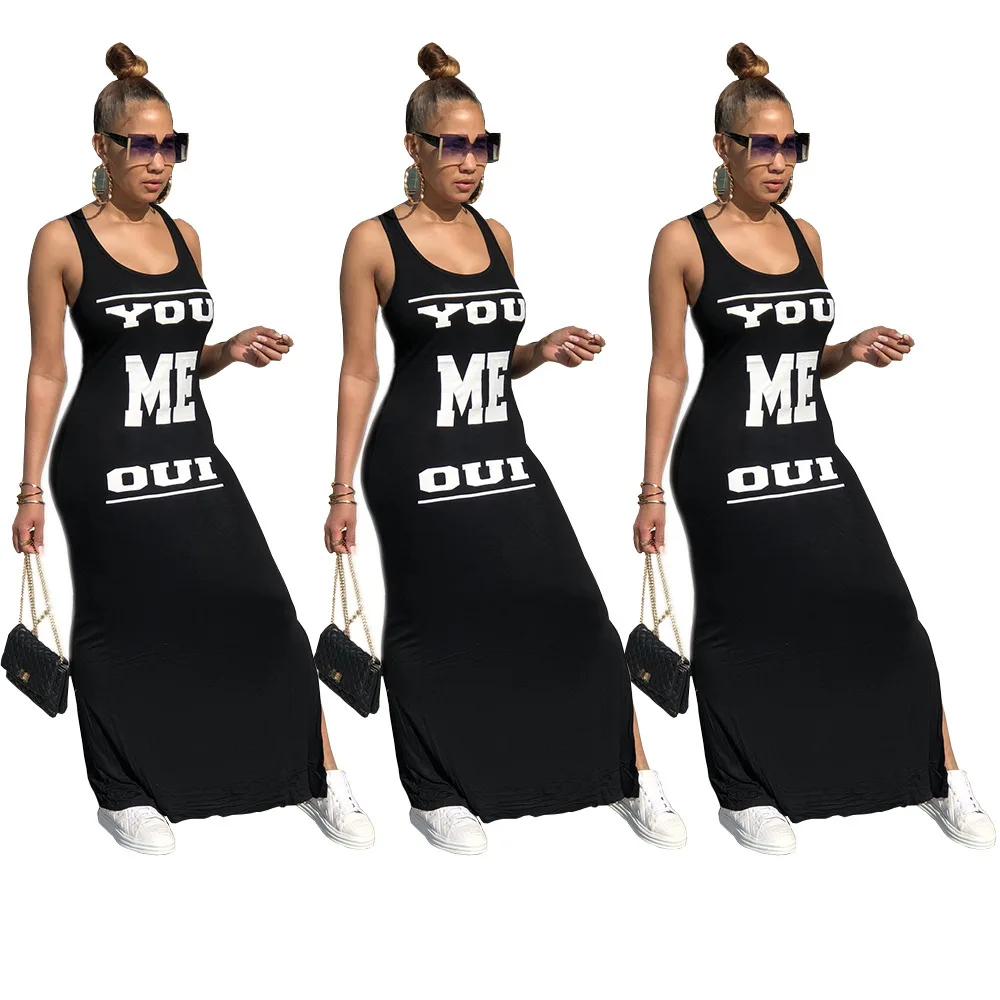 

Summer New Casual Maxi Dress Fashion Letter Print Shoulder Strap Big U Neck Black Long Skirts