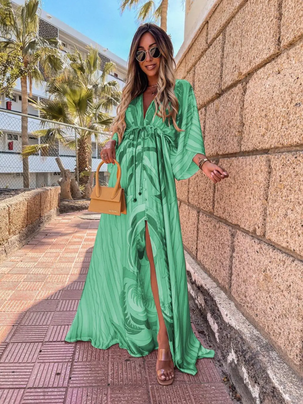 

Elegant Deep V Neck Printing Hem Maxi Dresses Women Casual Button Elastic Waist Long Party Dress Summer Loose Slit Beach Dress