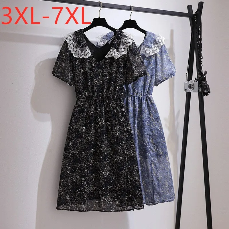 

Женское шифоновое платье средней длины, кружевное платье с цветочным принтом и коротким рукавом, размеры 3XL, 4XL, 5XL, 6XL, 7XL, Новинка лета 2021