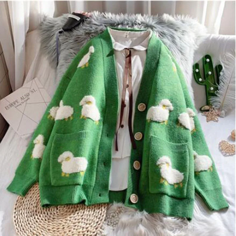 

Women Cardigans Fashion Casual V Neck Long Sleeve Button Loose Outwear Lazy Soft Cute Lamb Printed Sweater Autumn Winter Sweater