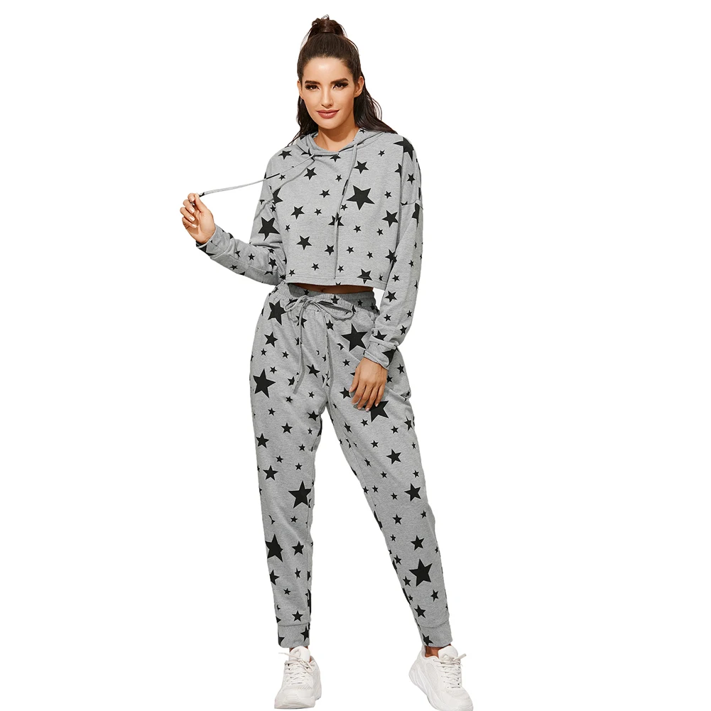 

Two Piece Sets Women Casual Clothes Fashion Starts Pattern Long Sleeve Hooded Top Elastic High Waist Trousers