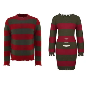 Horrific Cosplay Sweater Dresses Red Green Striped Outfits One-piece Dress Halloween Cosplay Costume