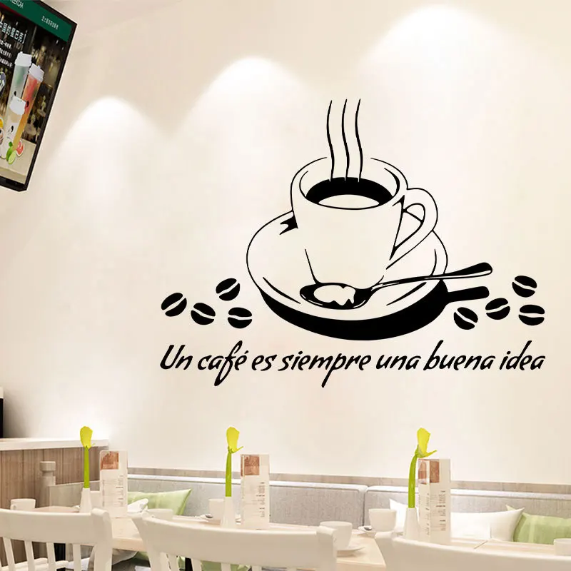 Cafe es sirmpre una buena idea, испанская настенная наклейка, гостиная, наклейки для ресторана обои, украшение для дома