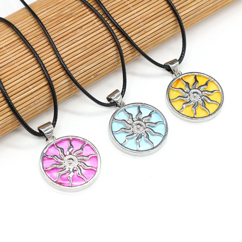 

Natural Shell Pendant Necklace Round Colorful Dyed Shell Abalone Shell Alloy Charms Long Wax Thread for Jewelry Making Necklace