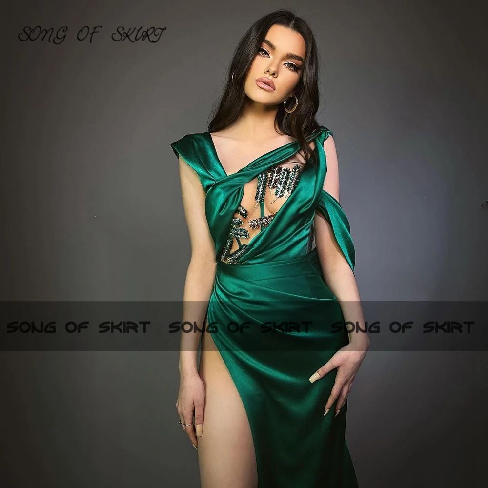 

Sexy Emerald Green High Split Prom Dresses One-shoulder Illusion A-Line Long Women Formal Bridesmaid Gown Vestidos De Fiesta