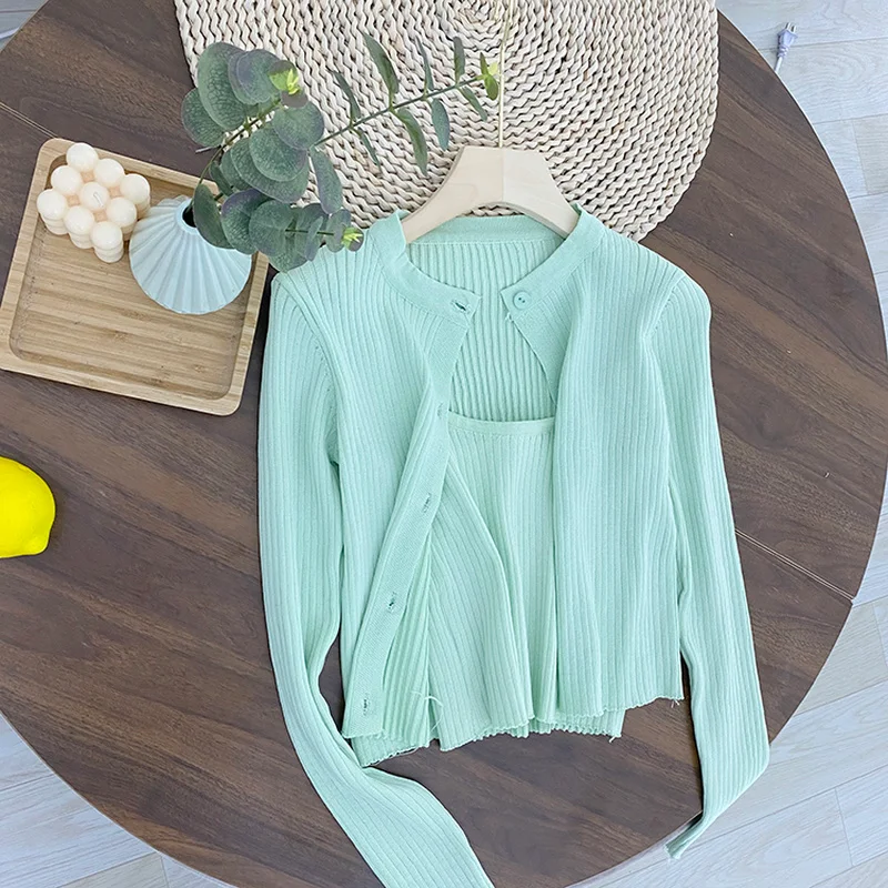 

Kimutomo Fashion Suit Women Solid New Short Slim Long-sleeved Thin Cardigan and Knitted Elegant Camisole Casual Two Piece Set