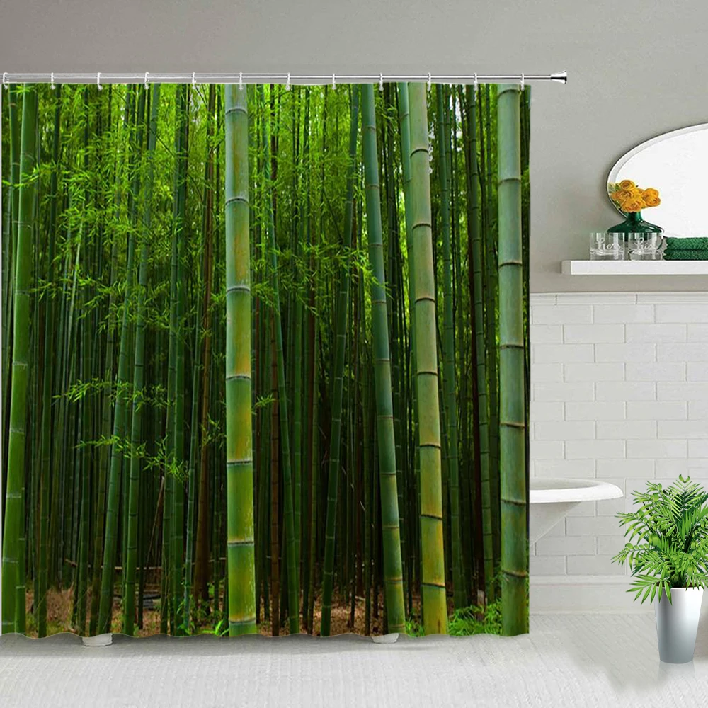 

Bathroom Decoration Waterproof Polyester Cloth Shower Curtains Green Bamboo Printing Pattern Home Decor Bath Curtain With Hooks