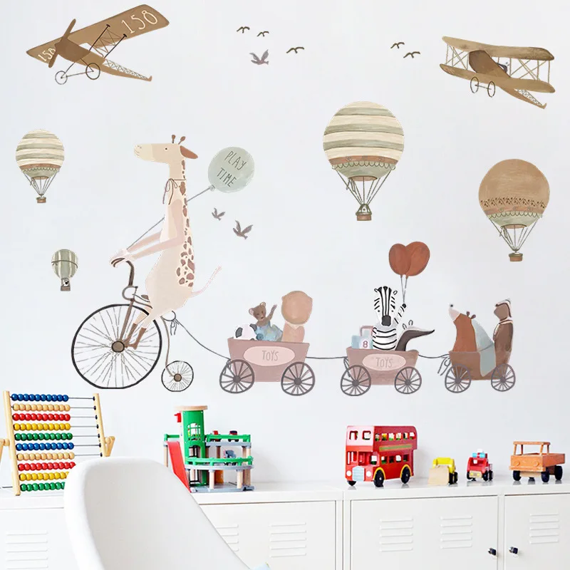 

Cute Animals Hot Air Balloons Wall Stickers Baby Roon Cartoon Wallpaper For Nursery Kids Room Decoration Aesthetic Adhesive Film