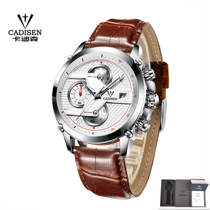 Relogio Masculino Cadisen новые спортивные хронограф мужские часы лучший бренд класса люкс полный стальной кварцевые часы водонепроницаемые часы с большим циферблатом - Цвет: Leather 3 add box