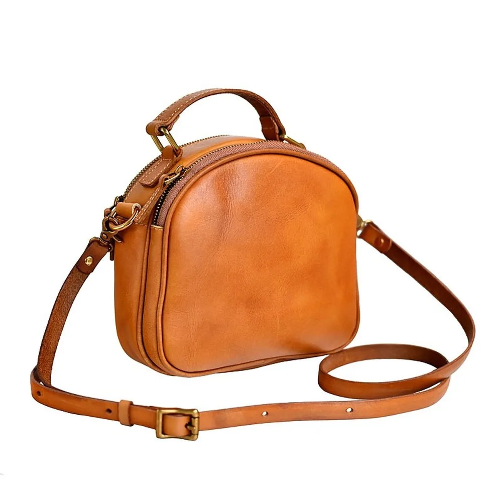 

2021 new retro small round bag high quality design double zipper handmade leather shoulder bag messenger bag