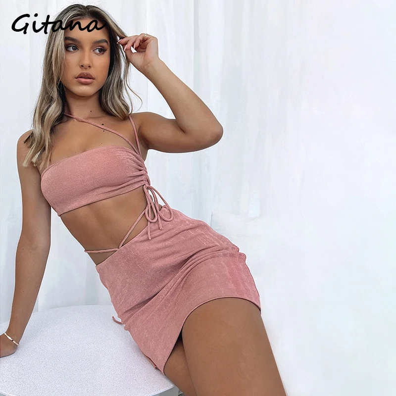 

Gitana 2021 завязки со сборками, Сексуальная повязка, комплект с юбкой и футболкой комплект одежды модная одежда для детей летние Клубные вечерн...