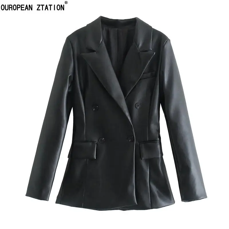 

2021 Autumn new Black Faux Leather Jacket Women's PU Double breasted Coat Fit Waist Motorcycle Fashion Jacket Street Outwear