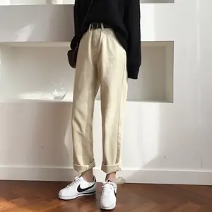 Белые прямые женские джинсы-трубы, Новинка осени 2019, студенческие широкие брюки, свободные брюки абрикосового цвета, плюшевые зимние