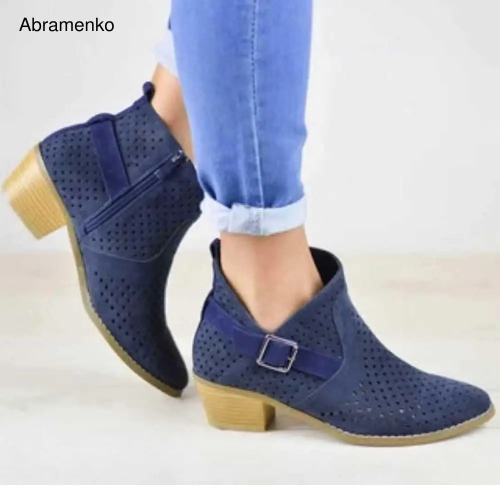 Женские кожаные ботильоны с вырезами черные дышащие ботинки на низком толстом