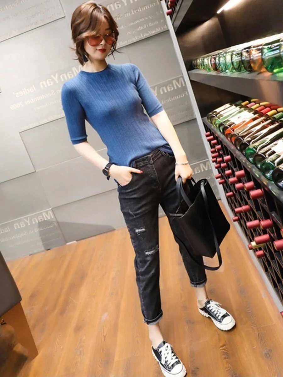 Новинка весна-осень 2021 черные рваные высокие джинсы женские свободные с высокой