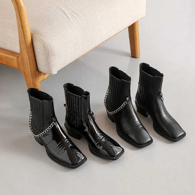 

MStacchi Sexy High Heel Women Boots Black Embroidered Square Toe Chain Decoration Chunky Heel Shoes Autumn Botas Feminina Cool
