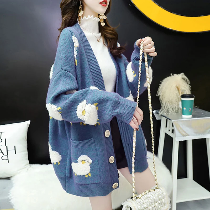 

2021 Autumn Winter Loose Knit Women Sweater Coat Knit Female Cardigan Cute Cartoon Print V Neck knitted Cardigan Female Jacket