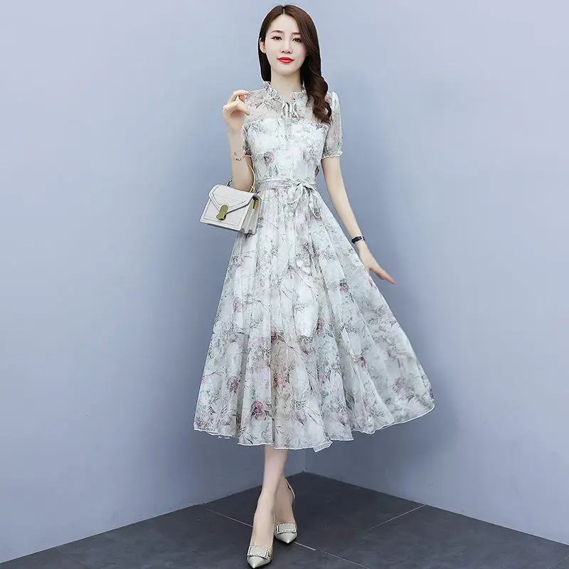 

Chic Floral Chiffon Short Sleeve Dress Women Summer 2021 New Temperament French Long Dress Retro Printed Female Vestidos zh1342