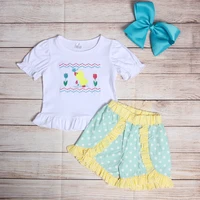 summer girls clothes white short sleeve top and yellow lace shorts little yellow duck butterfly embroidery toddler girl outfits