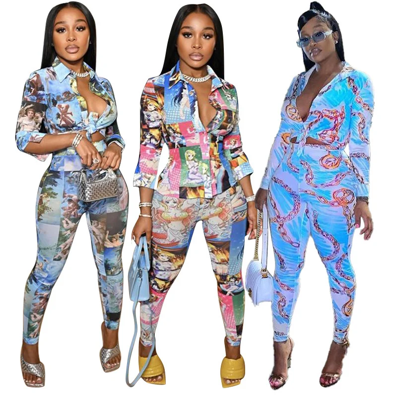 

Cutubly V Neck Trouser Set 2 Piece Sets Sexy Long Sleeve Blouse Trousers Sets New Printing Casual Two Piece Set Fashion
