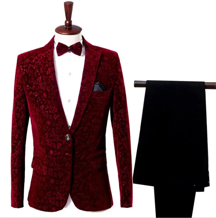 

New personality wine red dark flower men's dress suit suits men's fashion costumes singer suit two-piece suit