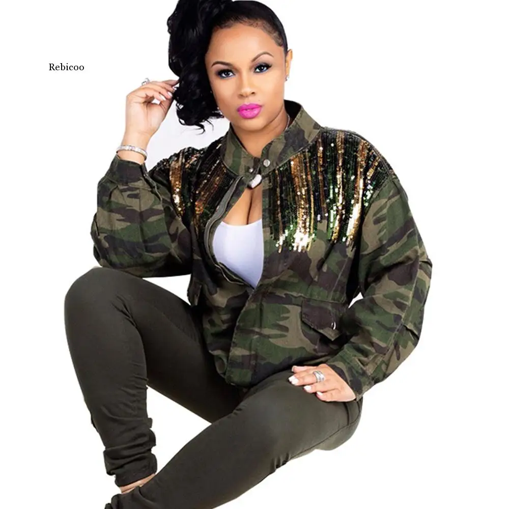 Women Military Jackets Winter Zipper Pockets Bomber Jacket   Sequined Camouflage Outwear Coats Tops