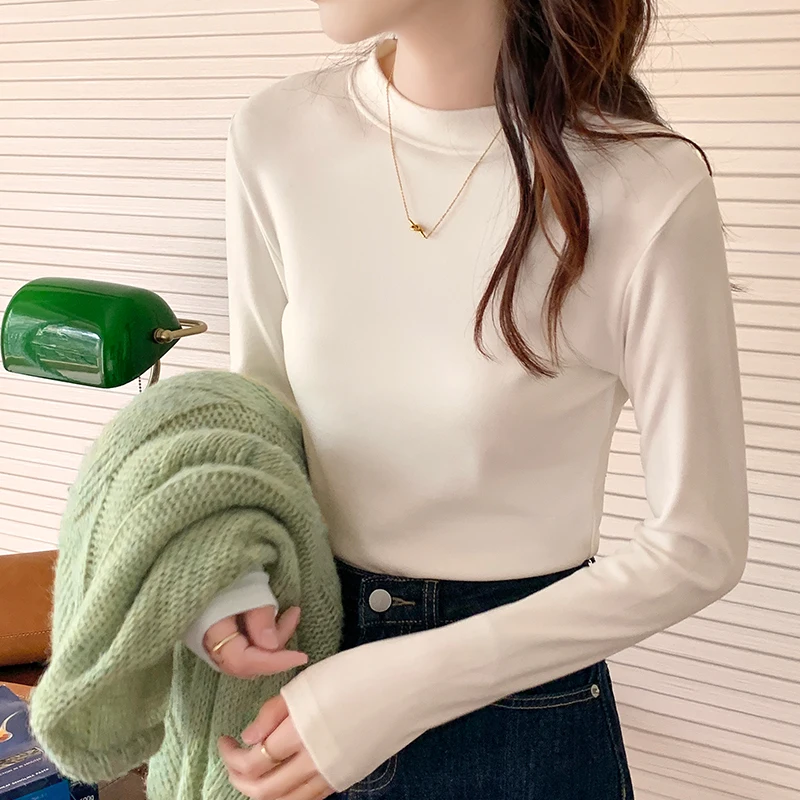 ITOOLIN White Velvet T Shirt For Women O-Neck Long Sleeve T-Shirt Solid Fashion Korean Chic Tshirt Women's Female Tops 2022 New | Женская