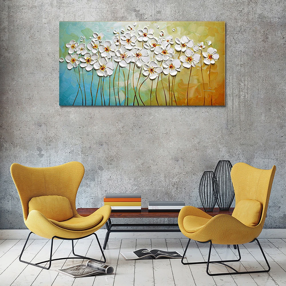 

Hand Painted Thick Oil Knife Painting On Canvas White Flower Blue Yellow Modern Home Decor Wall Art Picture For Living Room Gift