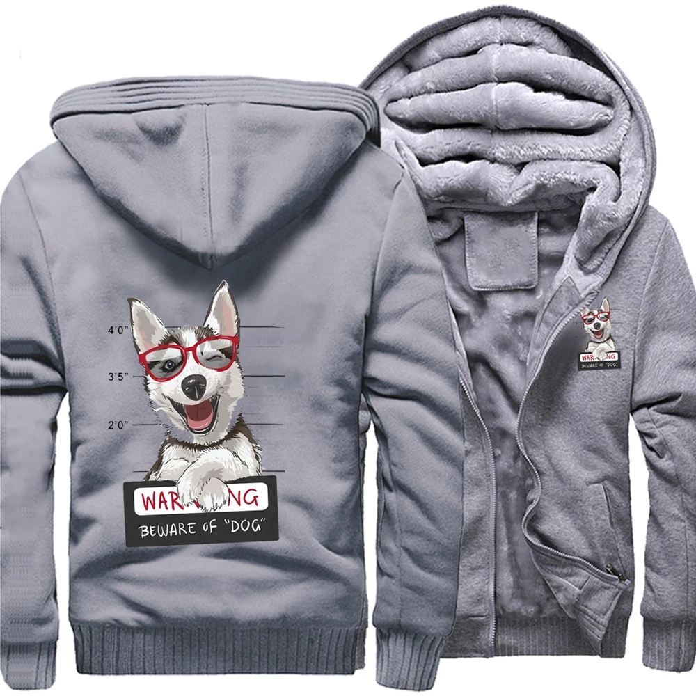 

Siberian Husky Kawaii Warring Beware Loose Hoodies Winter Warm Street Jackets Coat Men Thick Hoodie Printed Fitted Sweatshirt