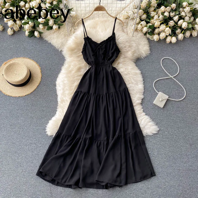 

Sweet Strap Dress Women Korean V Neck Sleeveless A-line Dresses 2021 Summer Fashion Streetwear Midi Dress