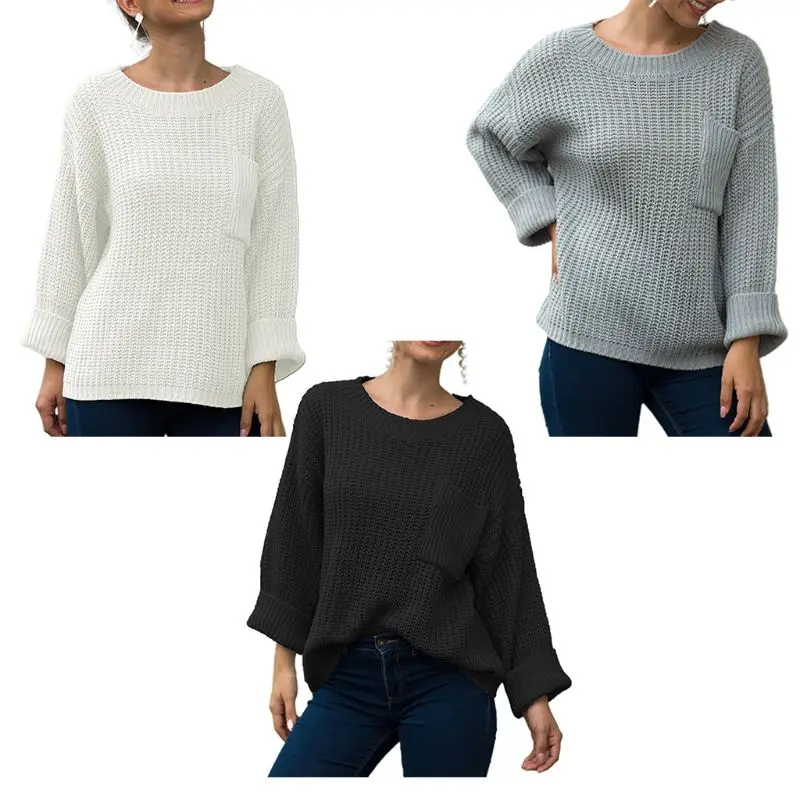Женский свитер с длинным рукавом и круглым вырезом вязаный однотонный свободный