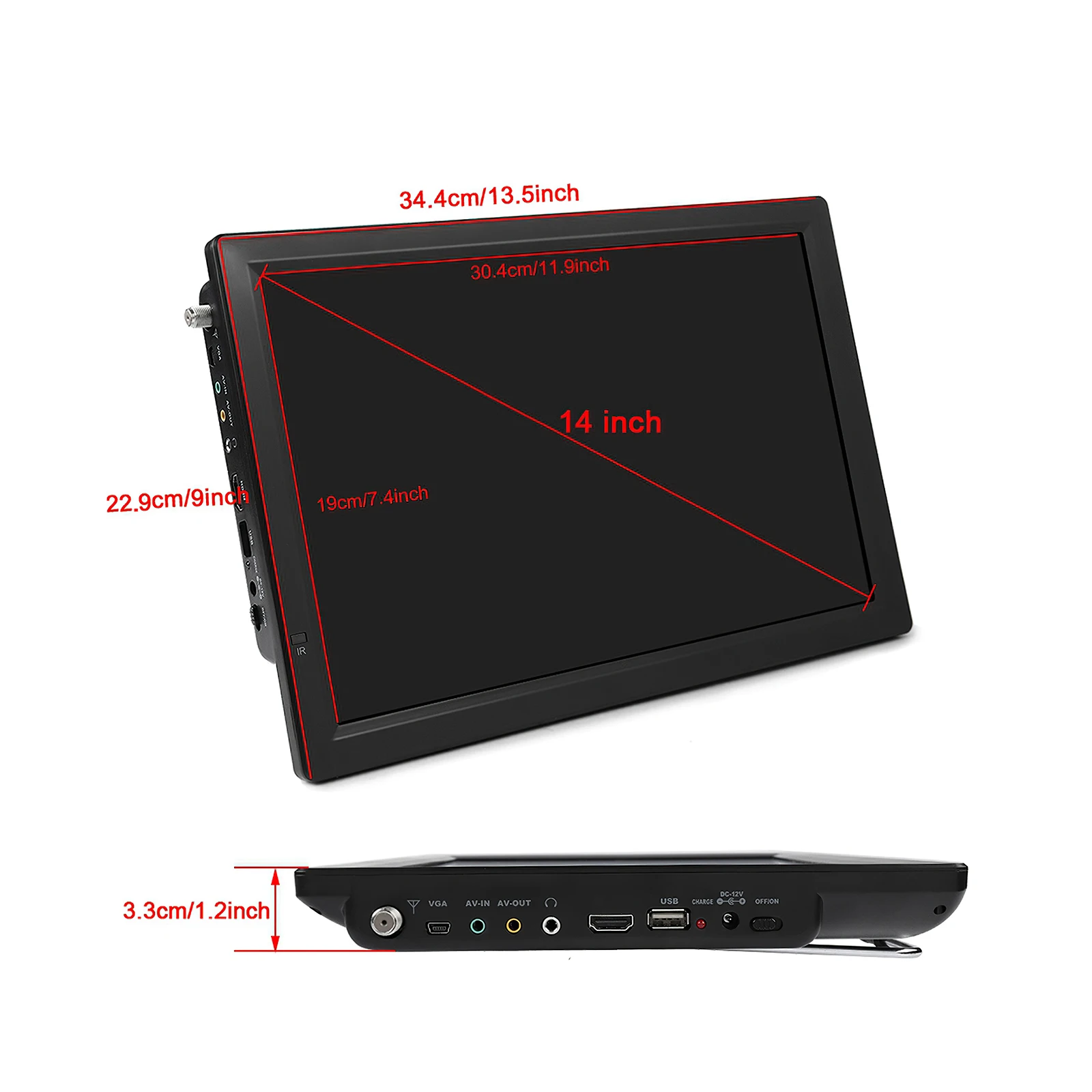 

14inch High Definition LCD TV Colored 1280*800 Resolution ATSC-T/T2 Digital TV 1800mah Analog Television with Antenna AV Line