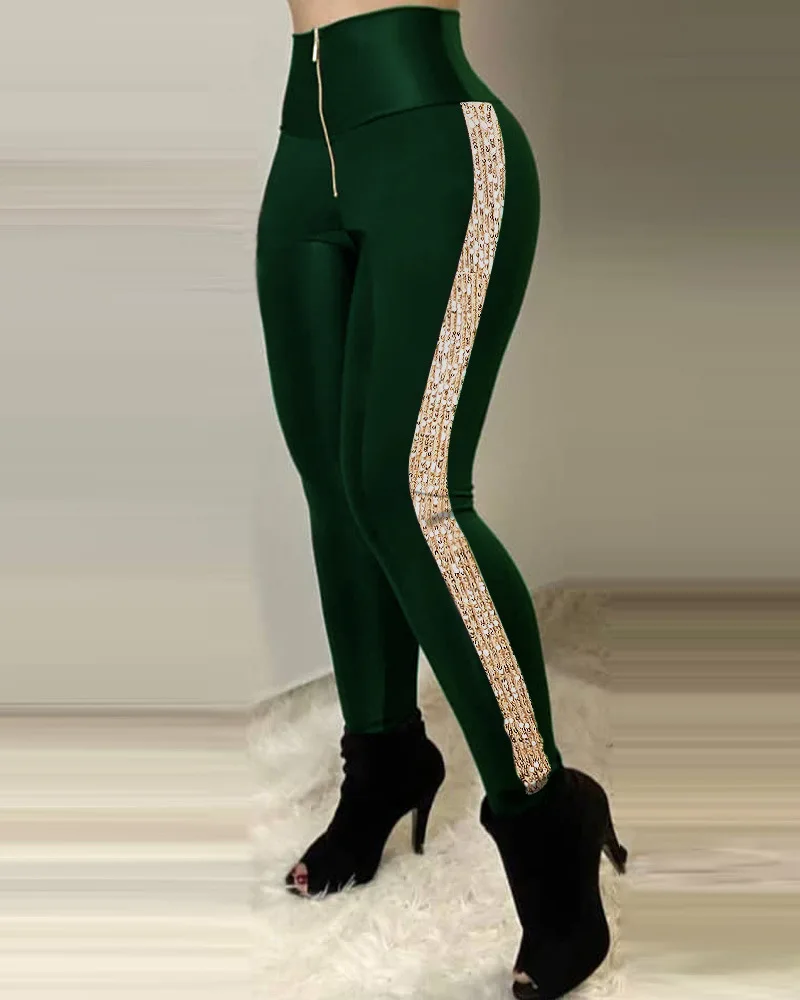 

Summer Leggings Zipper High Waist Mesh Sequined Leggings