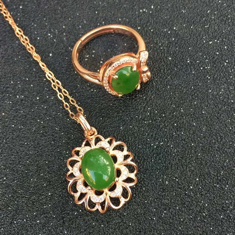 Ожерелье и кольцо из натурального нефрита серебро 925 пробы | Украшения аксессуары