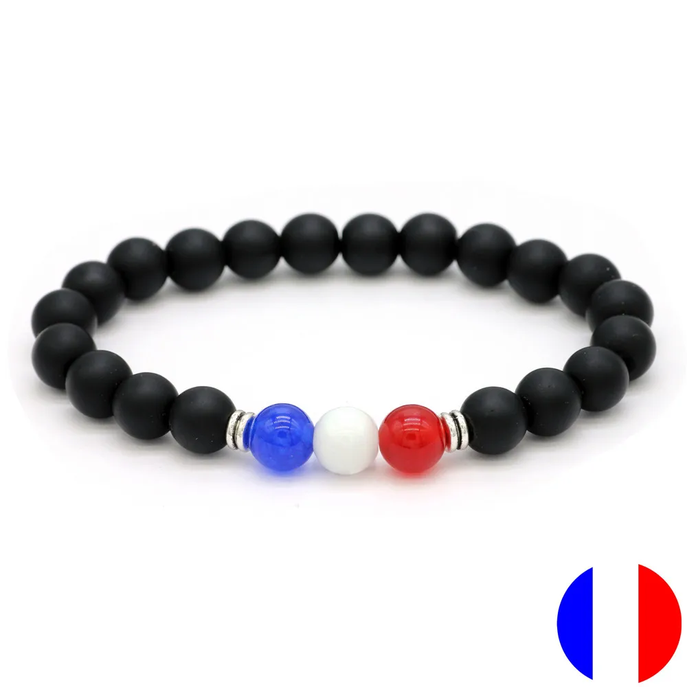 Браслет DGW с бусинами и флагом страны 8 мм натуральный камень черные матовые