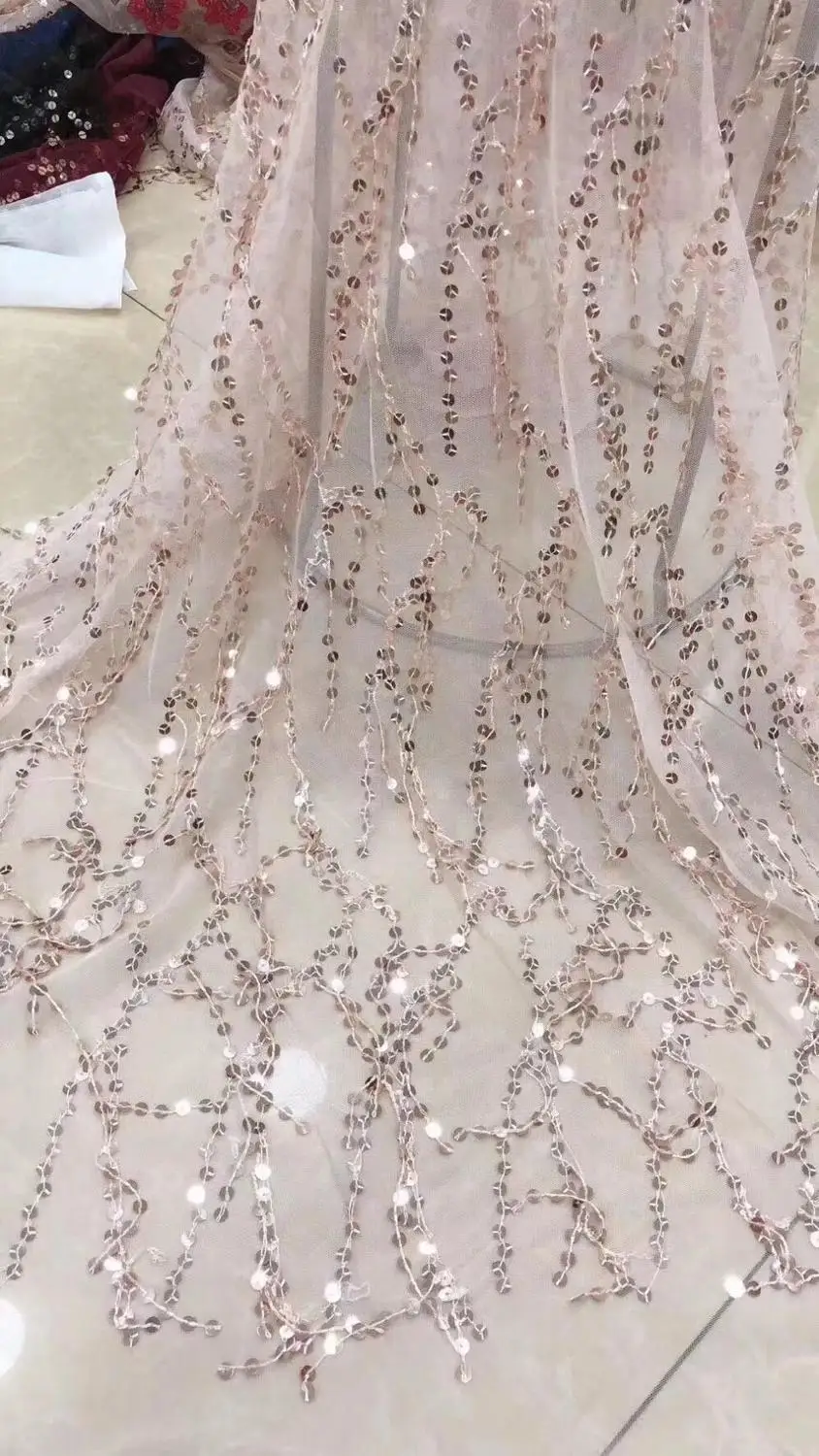 

long tassels design popular nigerian mesh lace fabric with sequins and tassels 5yards french lace for dress DXAP061