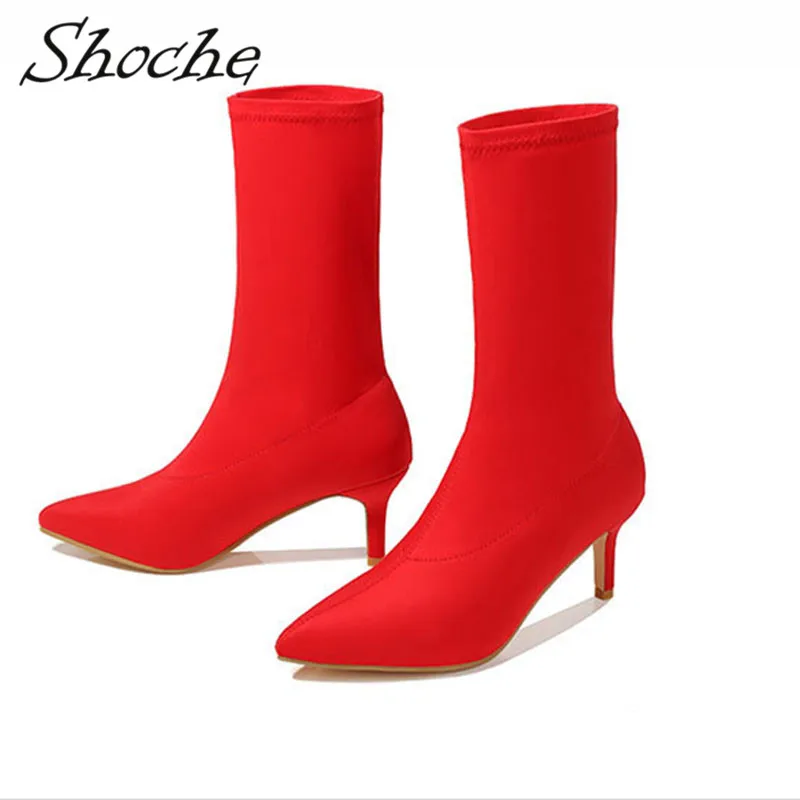 Shoche ботинки из флока сезон осень зима Модные женские Стрейчевые сапоги на
